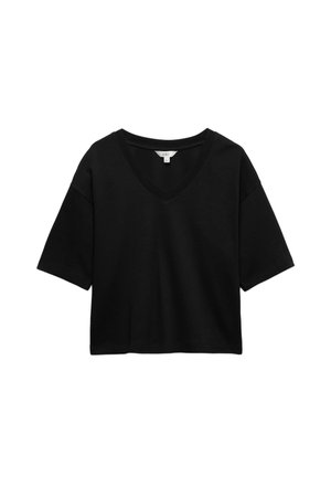 Czarny krótki T-shirt z krótkim rękawem, wycięciem w serek i luźnym krojem, przedstawiony na białym tle.