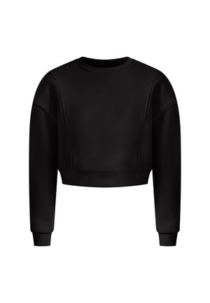Zwarte cropped sweatshirt met lange mouwen, ronde hals, ribgebreide manchetten en zoom; bevat een subtiele merkl logo aan de voorkant. Gladde textuur.