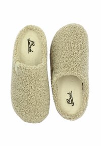 Beige, strukturierte Plüschslipper mit einem Slip-On-Design, runder Zehenform und einem weichen Innenfutter. Enthält ein kleines Logo im Inneren des linken Slippers.