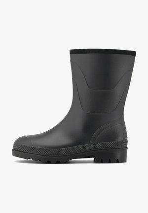 Schwarzer Gummistiefel mit strukturiertem Profil, glatter Oberfläche und konturiertem Design. Verfügt über eine runde Zehenpartie und einen angepassten oberen Rand.