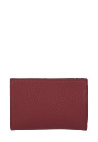 Portafoglio in pelle rosso scuro con finitura testurizzata. Design pieghevole, forma rettangolare, senza parti metalliche visibili o decorazioni, minimalista con bordi puliti.