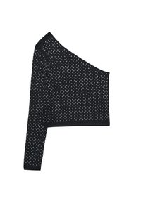 Crni top s jednim ramenom koji ima jedan dugački rukav, ukrašen malim bijelim točkicama, izrađen od rastezljivog, teksturiranog materijala.
