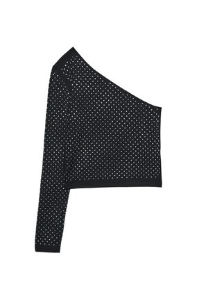 Musta yhdellä olalla oleva toppi, jossa on yksi pitkä hiha, koristeltuna pienillä valkoisilla pilkuilla, valmistettu joustavasta, teksturoidusta kankaasta.