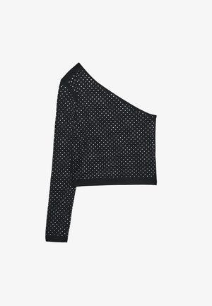 Čierny top na jedno rameno s jedným dlhým rukávom, ozdobený malými bielymi bodkami, vyrobený z elastického, textúrovaného materiálu.