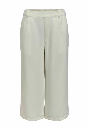 Gaiši bēšas, platas, saīsinātas bikses ar elastīgu jostasvietu un priekšējām jostas cilpām, izgatavotas no gludas auduma.