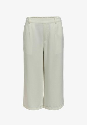 Lyse beige vide cropped bukser med elastisk midjebånd og front beltehemper, laget av glatt stoff.