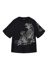 Μαύρο βαμβακερό t-shirt με κοντά μανίκια, διακοσμημένο με σχέδιο ασημένιας γκλίτερ τίγρης και φυλλώδη στοιχεία στο μπροστινό μέρος και στο μανίκι.