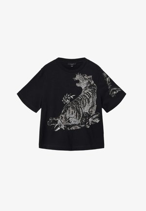 Sort bomuld t-shirt med korte ærmer, med et sølvglitrende tigerdesign og bladdetaljer på fronten og ærmet.