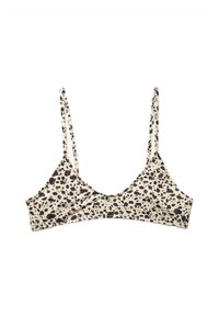 Haut de bikini motif marron et crème avec des bretelles fines, en forme triangulaire et d'une texture douce. Présente une finition lisse et un design minimal.