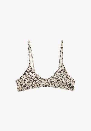 Brązowy bikini w kropki w kolorze kremowym z cienkimi ramiączkami, w kształcie trójkąta, o miękkiej fakturze. Charakteryzuje się gładkim wykończeniem i minimalistycznym designem.