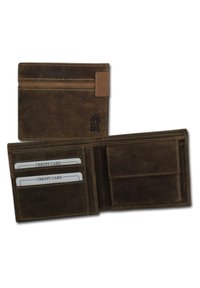Brown leather wallet with multiple card slots, textured finish, and a small embossed logo. Interior features additional pocket for cards or cash.