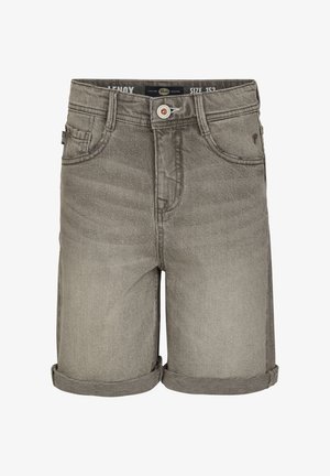 Szare szorty z denimu z podwiniętym brzegiem, wyposażone w pięć kieszeni, zapięcie na guzik oraz delikatne cieniowanie, które nadaje fakturowane wykończenie.