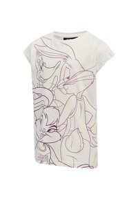 Hvid bomulds T-shirt med en pink konturdesign af tegneseriefigurer, herunder Bugs Bunny, Daffy Duck og andre. "TUNE SQUAD" tekst nederst.