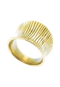 Gold ring with a wide band featuring a textured surface with vertical grooves, polished interior, and a smooth rounded shape.