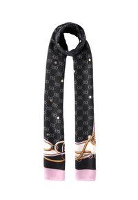 Foulard in seta nera con un motivo a logo ripetuto, accentuato da punti metallici. Presenta una stampa stilizzata di catene in colori pastello.