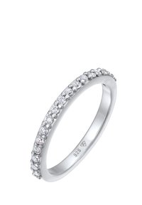 Silver ring made of 925 sterling, featuring a smooth band adorned with a row of small, sparkling clear stones along the top edge.