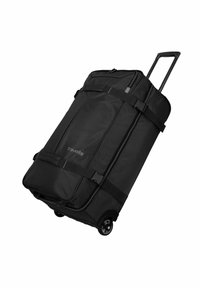 Borsa a duffel nera con ruote, realizzata in tessuto resistente, dotata di manico retrattile, cinghie laterali e due ruote lisce per un facile trasporto.