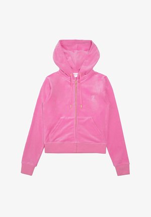 Rozā zip-up kapucē, izgatavota no mīkstas velūras, ar koriģējamu kapuci, priekšējiem kabatām un zelta detalizācijas akcentiem. Gluda tekstūra.