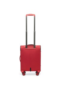 Roter Hartschalenkoffer mit einem ausziehbaren Griff, vier schwarzen Rollen und einer strukturierten Oberfläche. Verfügt über einen Seitengriff für einfaches Tragen.