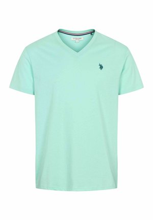 Heleline piparmündroheline V-kaelusega T-särk, mis on valmistatud pehmest kangast, millel on vasakul rinnal väike tumeroheline tikandiga logo ja lühikesed varrukad.