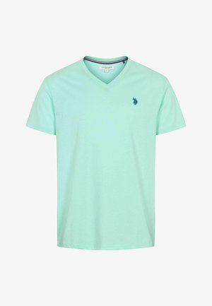 Heleline piparmündroheline V-kaelusega T-särk, mis on valmistatud pehmest kangast, millel on vasakul rinnal väike tumeroheline tikandiga logo ja lühikesed varrukad.