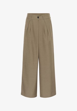 Bež hlače širokih nogavica izrađene od teksturiranog materijala, s prednjim nabora i jednim gumbom za zatvaranje, s visokim strukom.