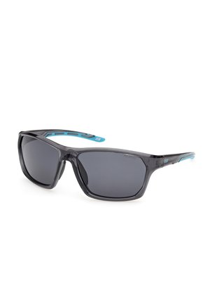 Schwarze, rechteckige, polarisierte Sonnenbrille mit grauem Rahmen und blauen Akzenten an den Bügeln, leicht seitlich auf weißem Hintergrund dargestellt.
