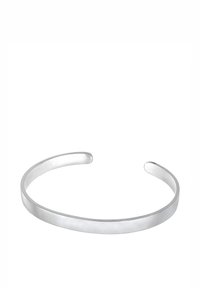 Silver metal cuff bracelet with a smooth, matte finish. Open design with rounded ends, featuring a simple, clean shape.