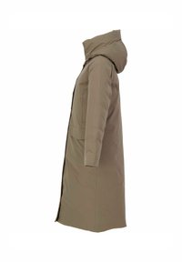 Lange, gevoerde jas in een gedempte beige kleur, met een hoge kraag, capuchon, voorzakken en een rechte silhout. Vloeibare, gestructureerde stof.