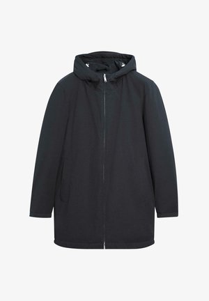 Giacca nera fino al ginocchio con cappuccio, chiusura frontale con zip e tasche laterali. Realizzata in tessuto liscio e opaco con componenti minimi in metallo.