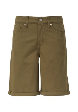 Pantaloni corti in denim verde oliva con orlo arrotolato, design a cinque tasche, chiusura con bottone metallico e dettagli di cucitura in vita e sulle tasche.