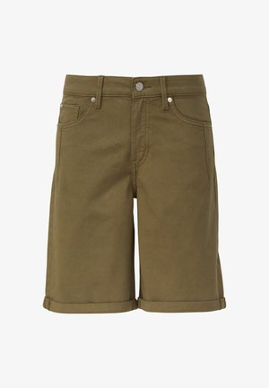 Pantaloni corti in denim verde oliva con orlo arrotolato, design a cinque tasche, chiusura con bottone metallico e dettagli di cucitura in vita e sulle tasche.