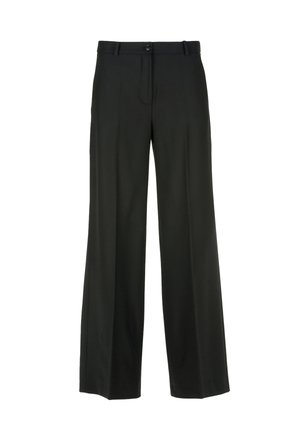 Black wide-leg trousers made from smooth fabric, featuring a button closure and belt loops. Clean lines with no visible patterns or accents.