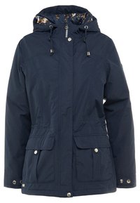 Veste imperméable bleu marine avec capuche à cordon, fermeture éclair, deux poches avant et doublure à motif floral. Tissu texturé.