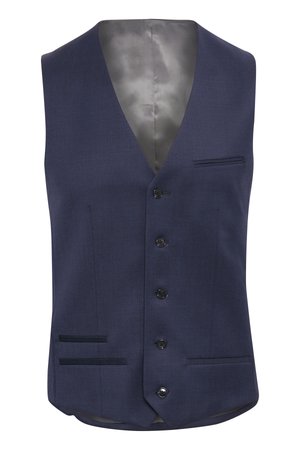 Chaleco azul marino con diseño de escote en V, seis botones negros, dos bolsillos frontales con costura fina y un interior de satén suave.