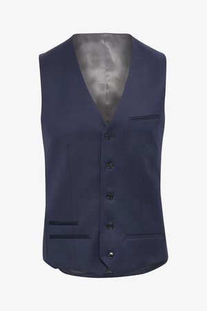 Tamsiai mėlynas liemenė su V formos iškirpte, šešiais juodais mygtukais, dviem priekinėmis kišenėmis su smulkia siuvinėjimo detalėmis ir lygiu satino pamušalu.