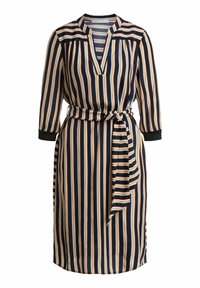 Dress w paski do kolan w pionowe niebieskie, białe, pomarańczowe i jasnoniebieskie linie, rękawy trzyczwarte, dekolt w kształcie litery V oraz dopasowany pasek w talii.