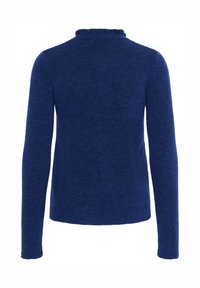 Modrý sveter s dlhými rukávmi, jemnou textúrou a vysokým golierom. Dizajn zahŕňa jednoduchý, priliehavý tvar a rovnomerné šitie po celom povrchu.