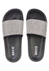 Sandales noires à glissière avec une tige texturée ornée d'un motif en strass argenté. Semelle intérieure douce avec le logo 'BECO' en blanc sur la semelle.