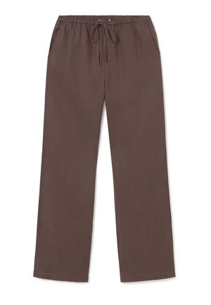 Pantalon marron à coupe décontractée avec taille élastique et cordon de serrage, doté de poches latérales, posé à plat sur un fond blanc.