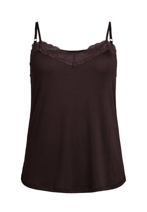 Dark brown sleeveless camisole with lace trim along the neckline and adjustable thin shoulder straps.