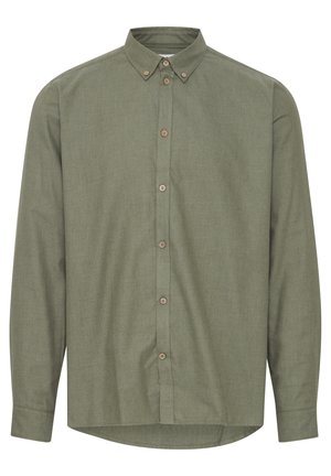 Olive green long-sleeve button-up shirt, lightweight fabric, collar, and brown buttons along the placket, curved hem at the bottom.