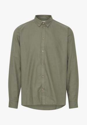 Olivenfarget langermet skjorte med knapper, lett stoff, krage og brune knapper langs knapplist, buet hem nederst.