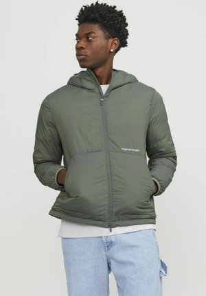 Grüne gepolsterte Jacke mit Kapuze, ausgestattet mit einem Frontreißverschluss und einem Logo. Der Stoff hat eine glatte Textur und eine leicht glänzende Optik.