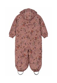 Lillelise mustriga roosa kombinesoon kapuutsiga. Varustatud elastsete mansettide ja jalarihmadega. Materjal tundub tekstuuriga ja isoleeritud soojustamiseks.