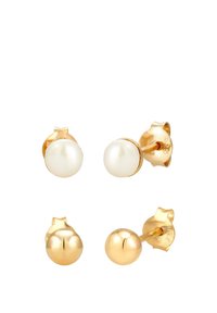 Gold-tone stud earrings featuring two designs: one with a white pearl, the other with a polished gold sphere. Each has a secure backing.