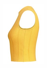 Keltainen ribattu lyhyt tankkitoppi, jossa on istuva malli, leveät olkasaumat ja pyöreä kaula-aukko. Ominaisuuksiin kuuluu pystysaumat, jotka tuovat lisää tekstuuria.