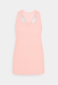 Débardeur rose clair avec un col rond et un dos nageur. Confectionné dans un tissu doux et extensible, il présente une texture lisse et une coupe simple.