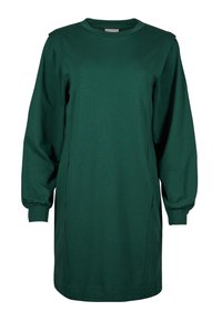 Robe longue à manches longues de couleur vert foncé avec un col rond et des poignets élastiques, affichant une coupe droite et décontractée.