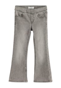Grå stretchjeans med en design med utsvängd ben, femfickorsstil, elastisk midja och subtilt bleknad effekt genom hela tyget.